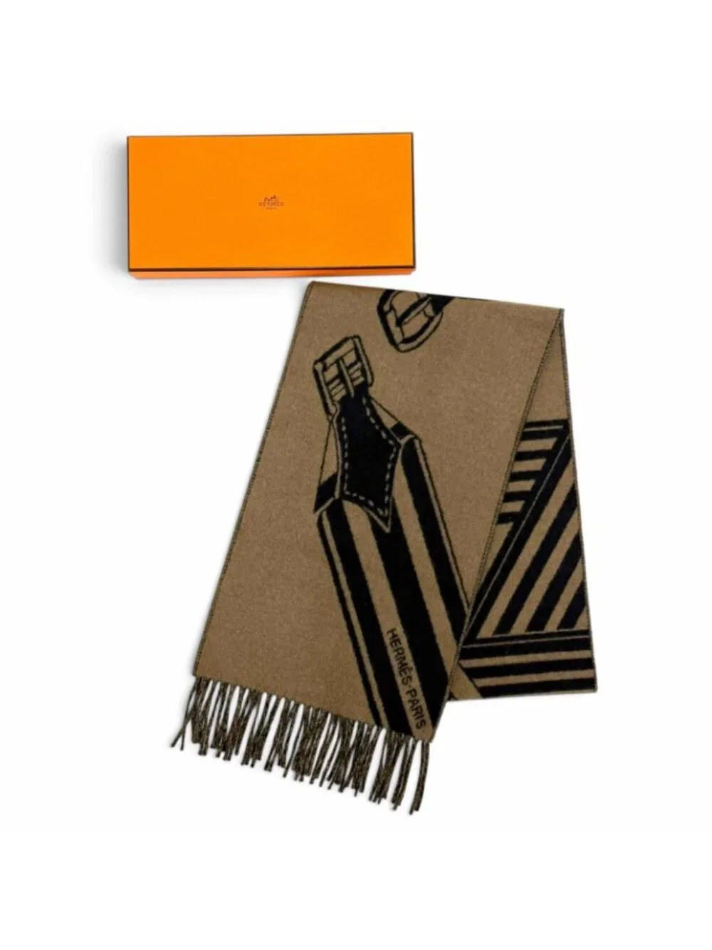Hermes Sangles en Zigzag Cashmere 100% Etoupe Marine Fringe Scarf Brown Navy